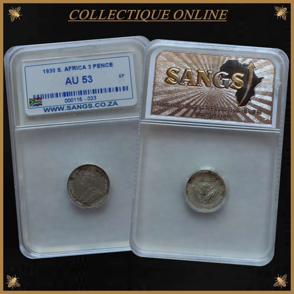 1930 : UNION S. A. : THREE PENCE : COIN IN AU 53 :  LOW Minted 980.718 : GRADED by S.A.N.G.S.