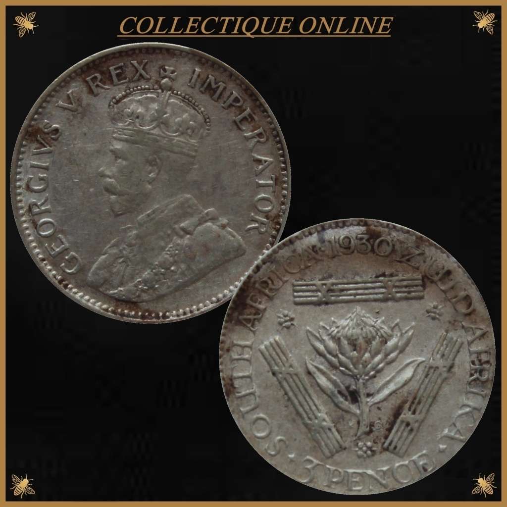 1930 : UNION S. A. : THREE PENCE : COIN IN AU 53 :  LOW Minted 980.718 : GRADED by S.A.N.G.S.