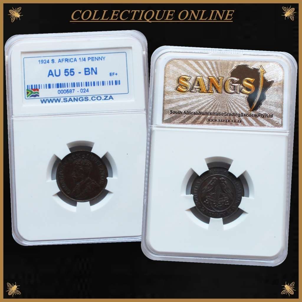 1924 : UNION S. A. : 1/4 PENNY : COIN IN AU 55 - BN :  VERY LOW Minted 94.838 : GRADED by S.A.N.G.S.