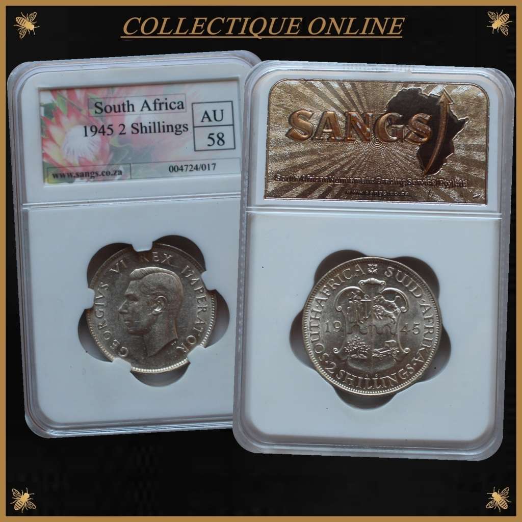 1945 : UNION S. A. : TWO SHILLINGS : COIN IN AU 58 :  LOW Minted 473.350 : GRADED by S.A.N.G.S.