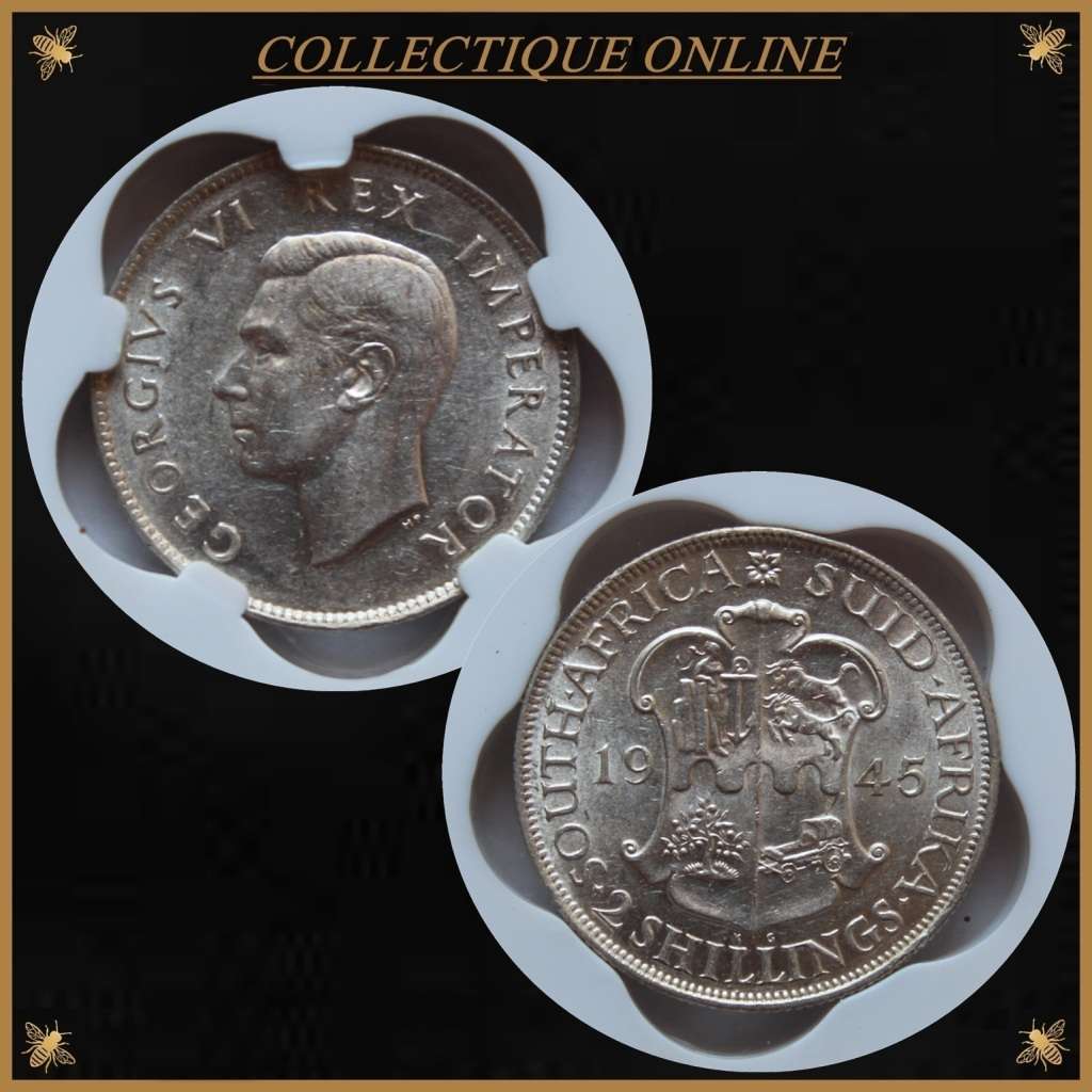 1945 : UNION S. A. : TWO SHILLINGS : COIN IN AU 58 :  LOW Minted 473.350 : GRADED by S.A.N.G.S.