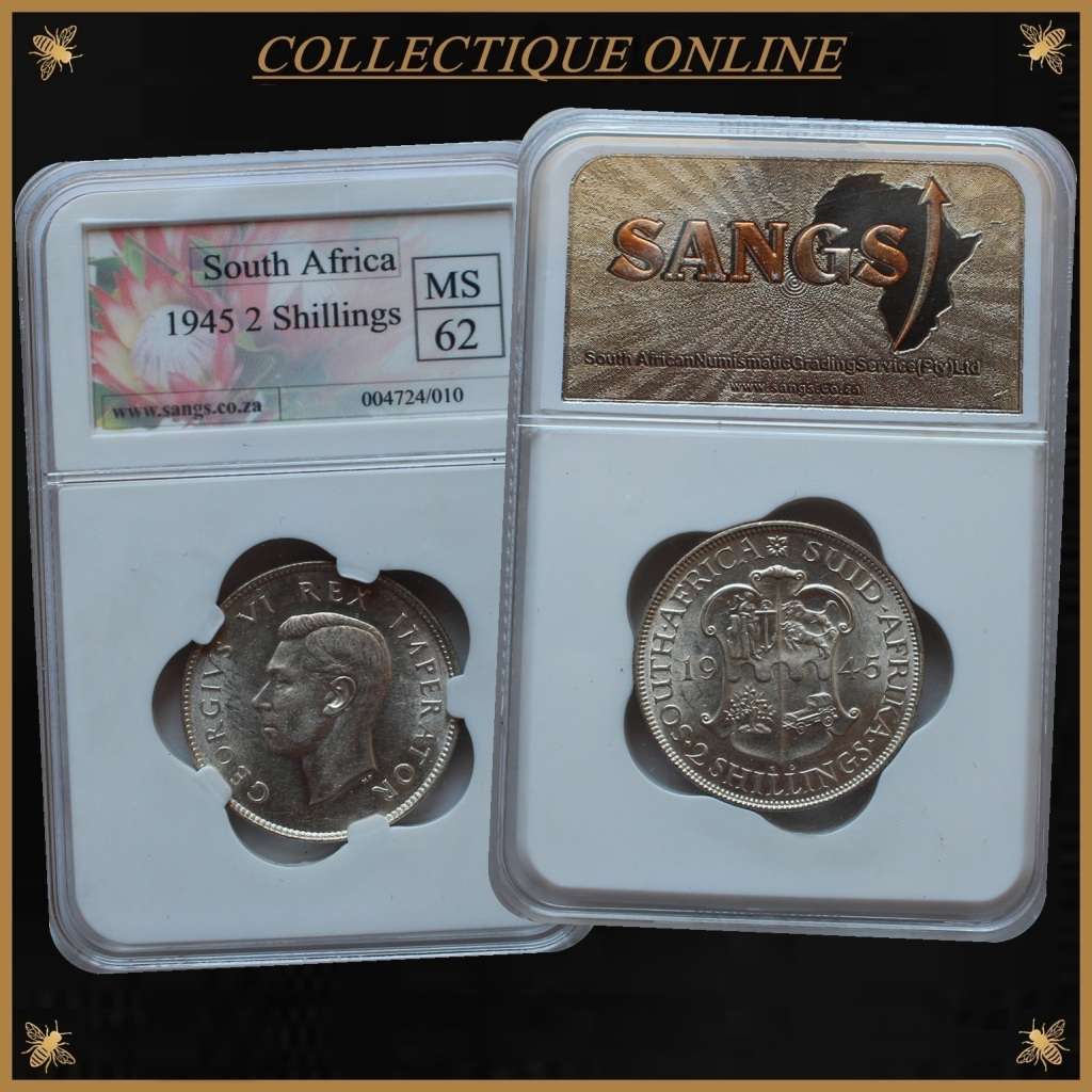 1945 : UNION S. A. : TWO SHILLINGS : COIN IN MS 62 :  LOW Minted 473.350 : GRADED by S.A.N.G.S.