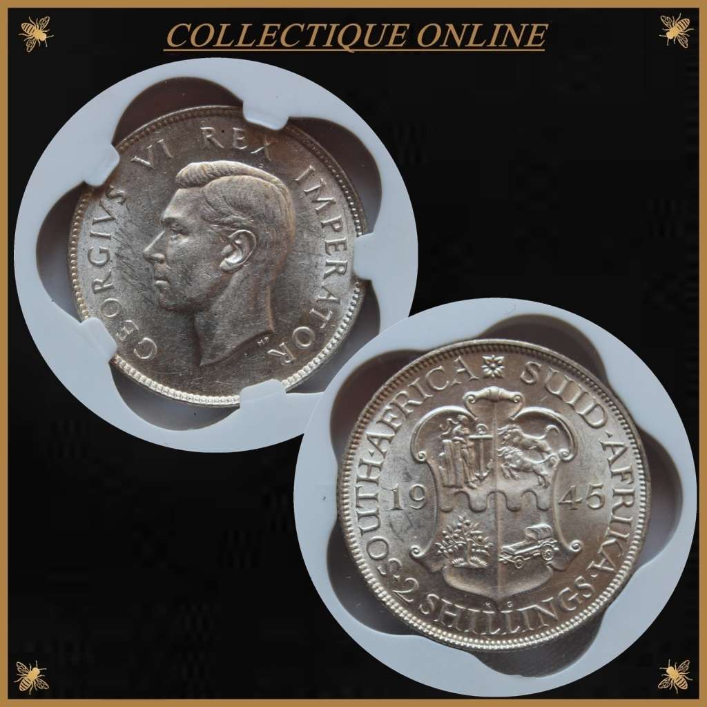 1945 : UNION S. A. : TWO SHILLINGS : COIN IN MS 62 :  LOW Minted 473.350 : GRADED by S.A.N.G.S.