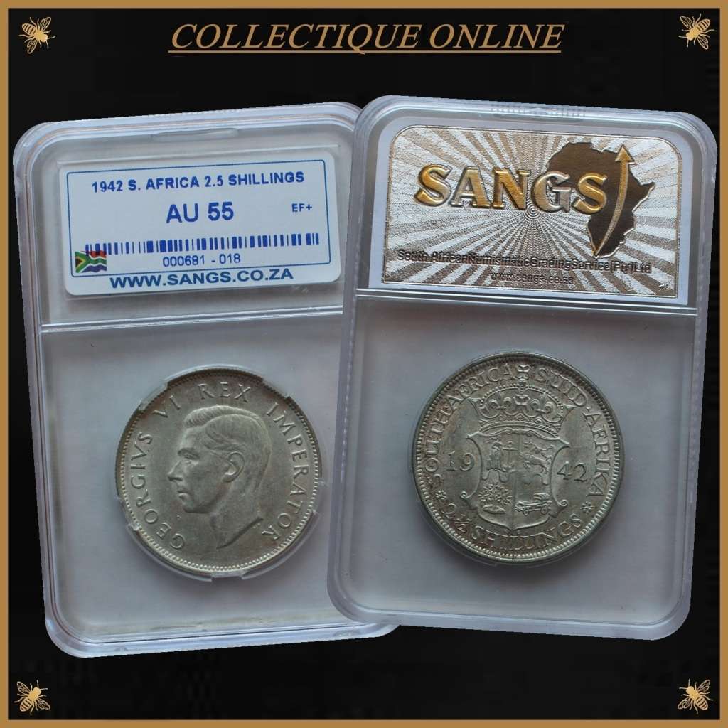 1942 : UNION S. A. : HALF CROWN : COIN IN AU 55 : Minted 3.179.555  : GRADED by S.A.N.G.S.