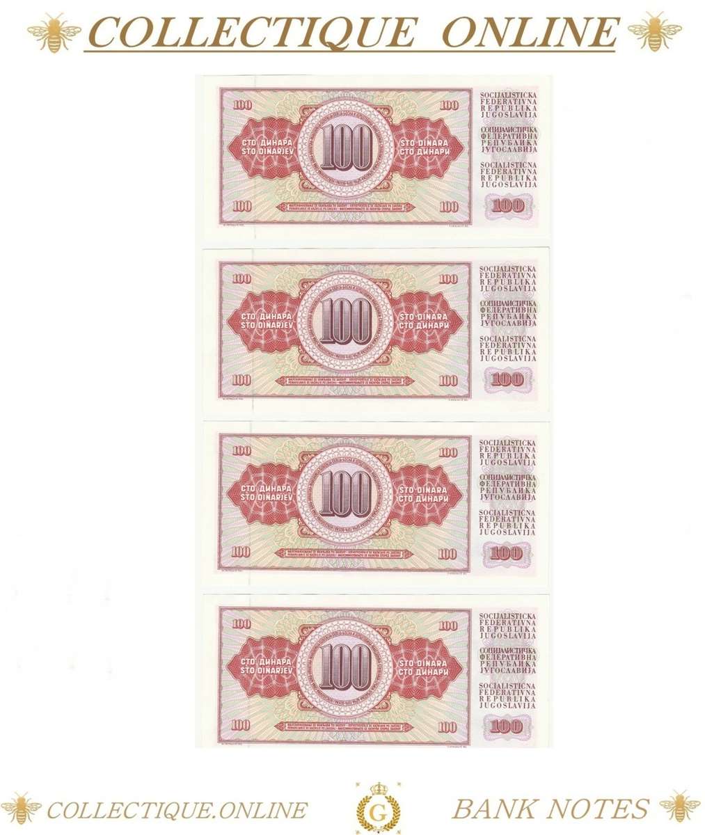 1986 : Yugoslavia : 100 DINARA : ALMOST UNC / CONSEC. NUMBERS (104-107) : DATE: 16. V. 1986.