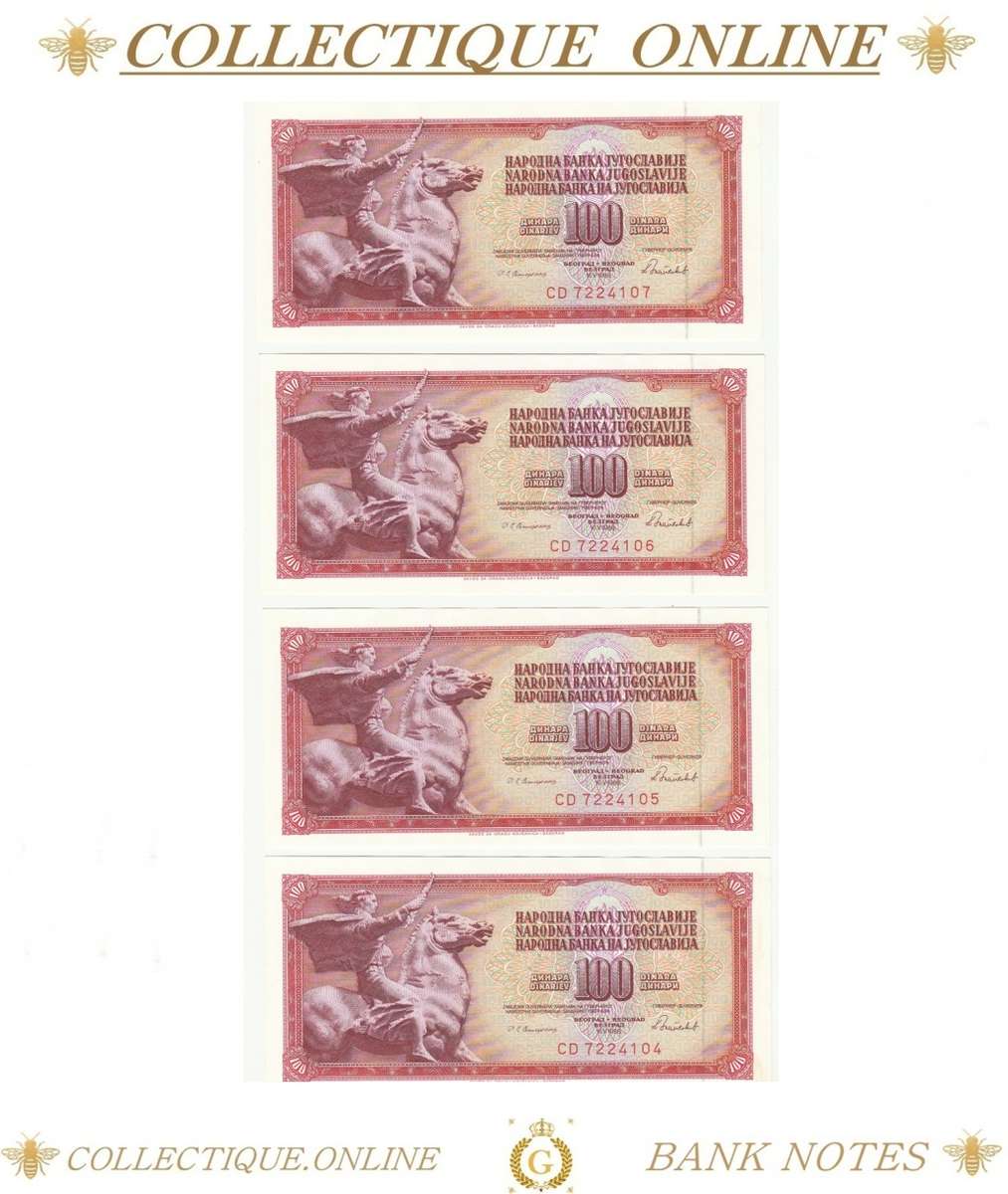 1986 : Yugoslavia : 100 DINARA : ALMOST UNC / CONSEC. NUMBERS (104-107) : DATE: 16. V. 1986.