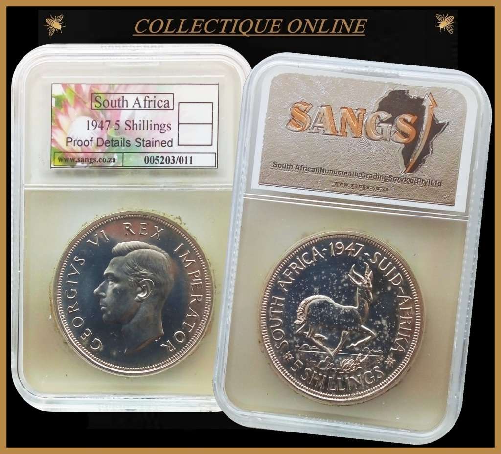1947 : UNION S. A. : 5 SHILLINGS : COIN IN PROOF DETAILS STAINED : Mint 5600  : GRADED by S.A.N.G.S.