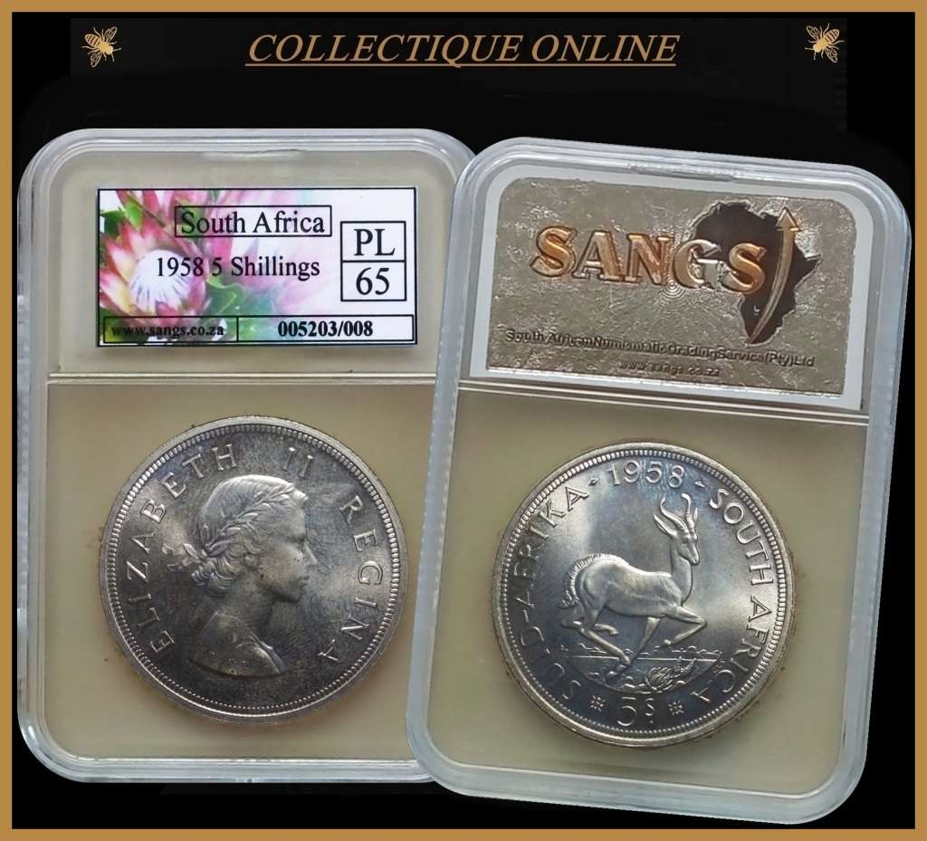 1958 : UNION S. A. : 5 SHILLINGS : COIN IN PL 65 : Mint 235.952  : GRADED by S.A.N.G.S.