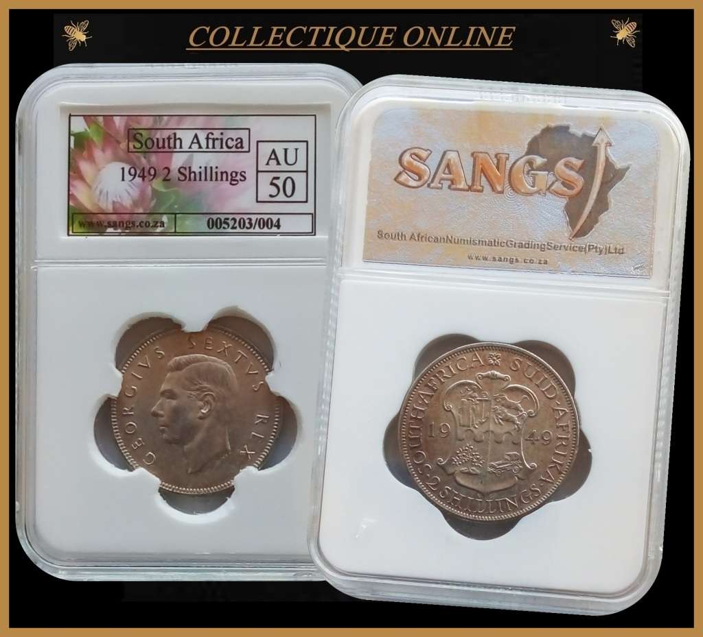 1949 : UNION S. A: 2 SHILLINGS : RARE IN HIGH GRADE  VERY LOW Minted 203.933 : GRADED by S.A.N.G.S.