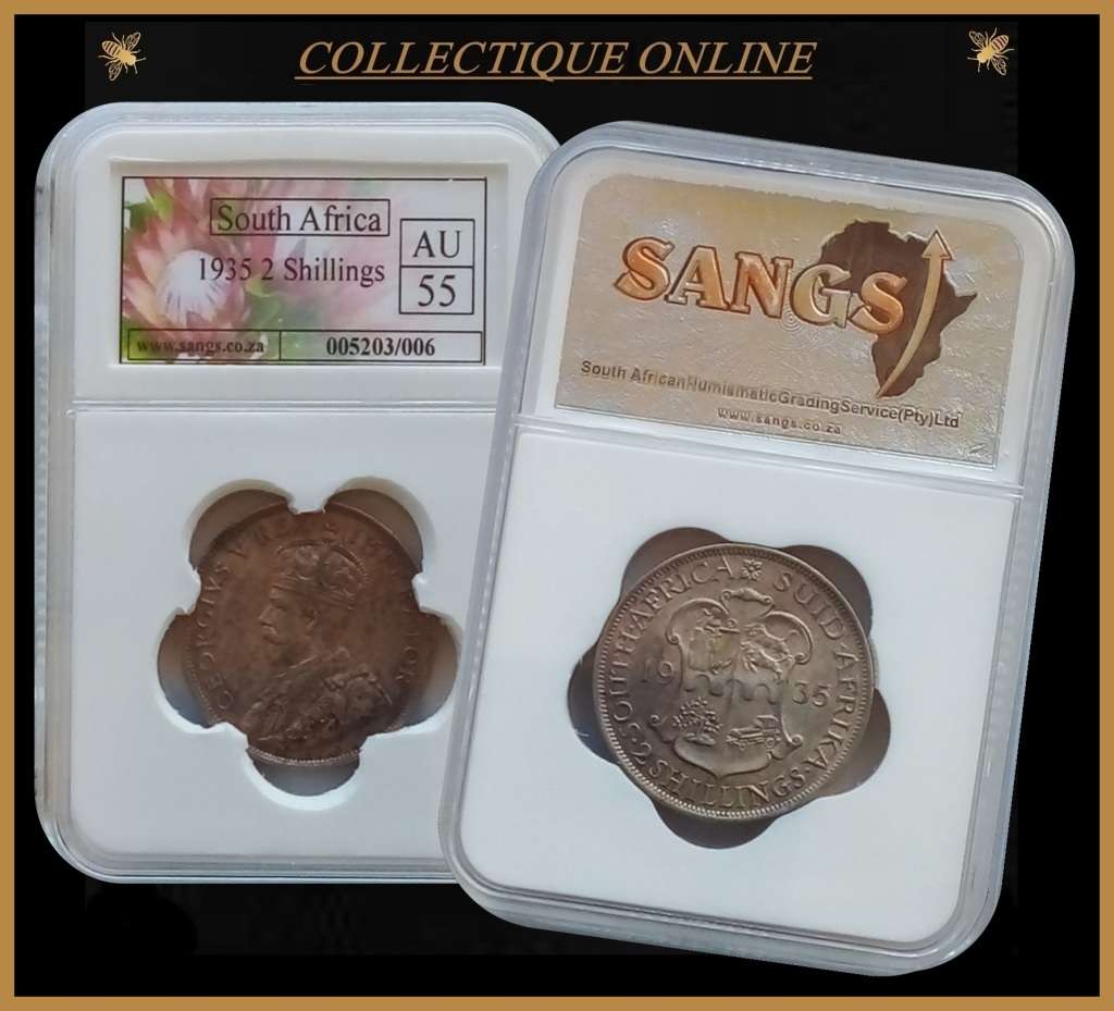 1935 : UNION S. A. : 2 SHILLINGS : COIN IN AU 55 : LOW Minted 553.589 : GRADED by S.A.N.G.S.