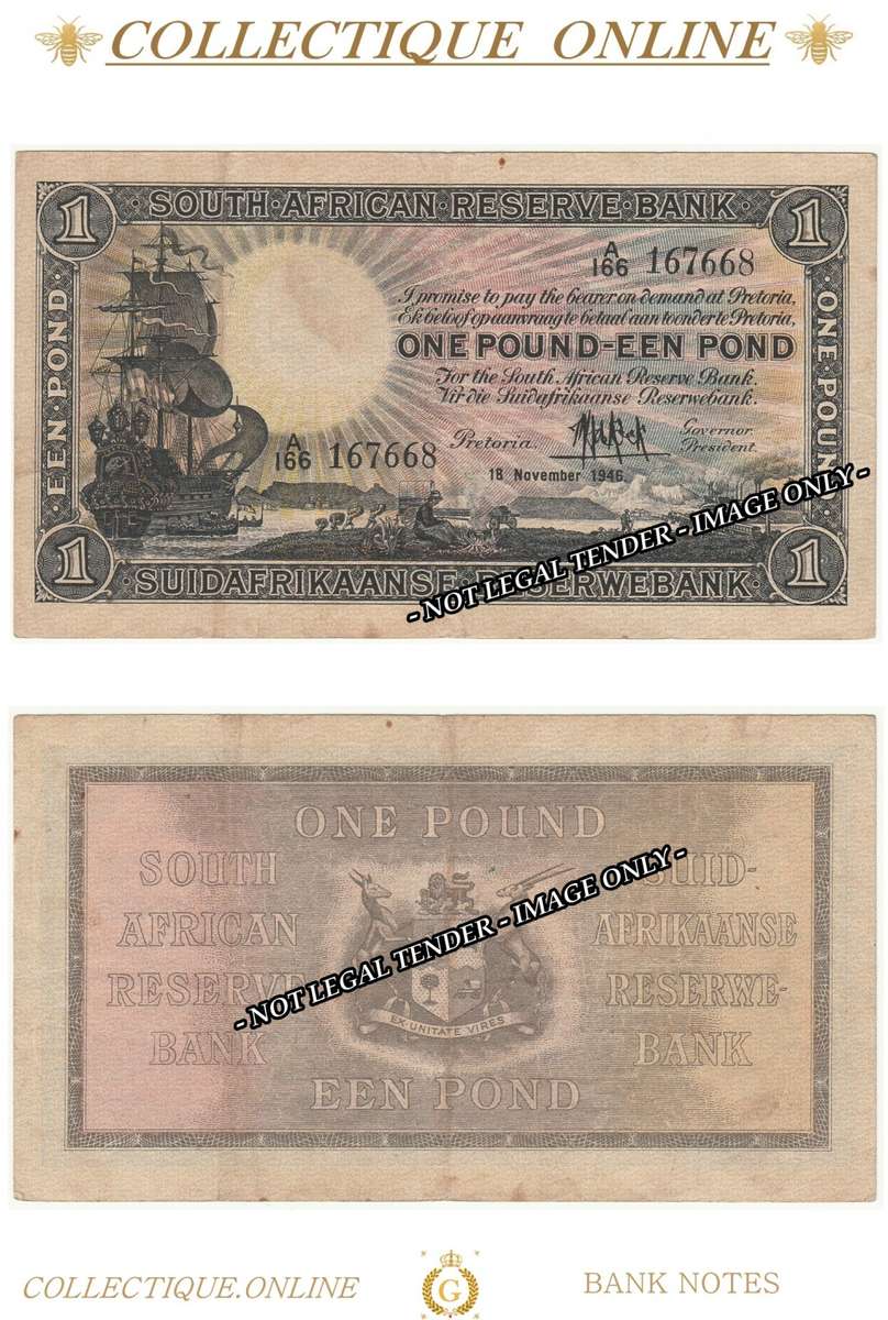 S. A. Bank Note : ONE POUND-EEN POND : MH de KOCK : DATE 18  NOVEMBER 1946  - FIRST ISSUE.