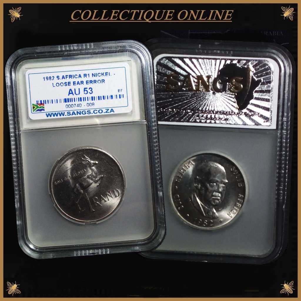 1982 : Rep. of South : ONE RAND : NICKEL :  LOOSE EAR ERROR in AU 53 : GRADED by S.A.N.G.S.