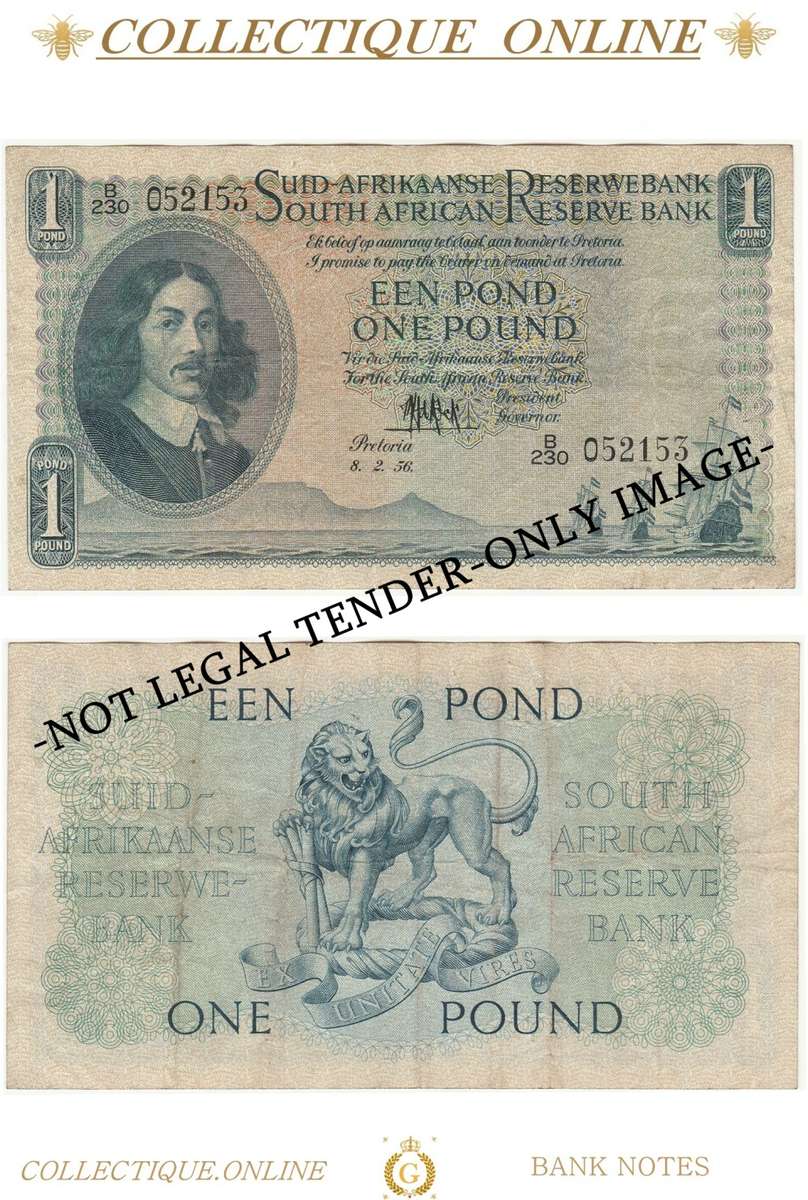 S. A. Bank Note : EEN POND/ONE POUND :  M. H. DE KOCK : DATE: 8. 2. 56. : THIRD ISSUE.