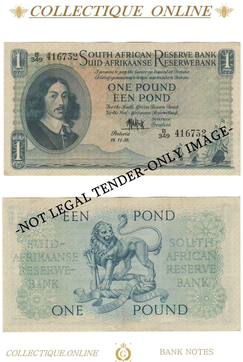 S. A. Bank Note : ONE POUND/EEN POND :  M. H. DE KOCK : DATE: 18. 11. 58. : THIRD ISSUE.