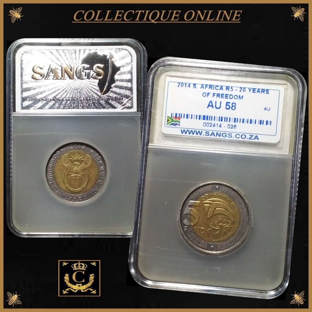 2014 : REP.  of SOUTH AFRICA : 5 R : COMMEMORATIVE : 20 YEARS OF FREEDOM: GRADED by S.A.N.G.S.