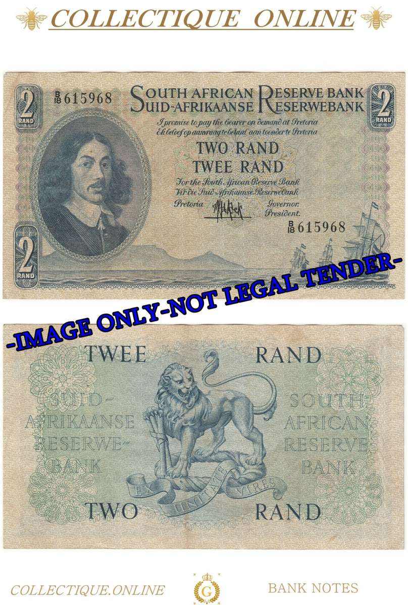 S. A. Bank Note : TWO RAND / TWEE RAND : M. H. DE KOCK : TYPE  1  & 2 : 1961 .