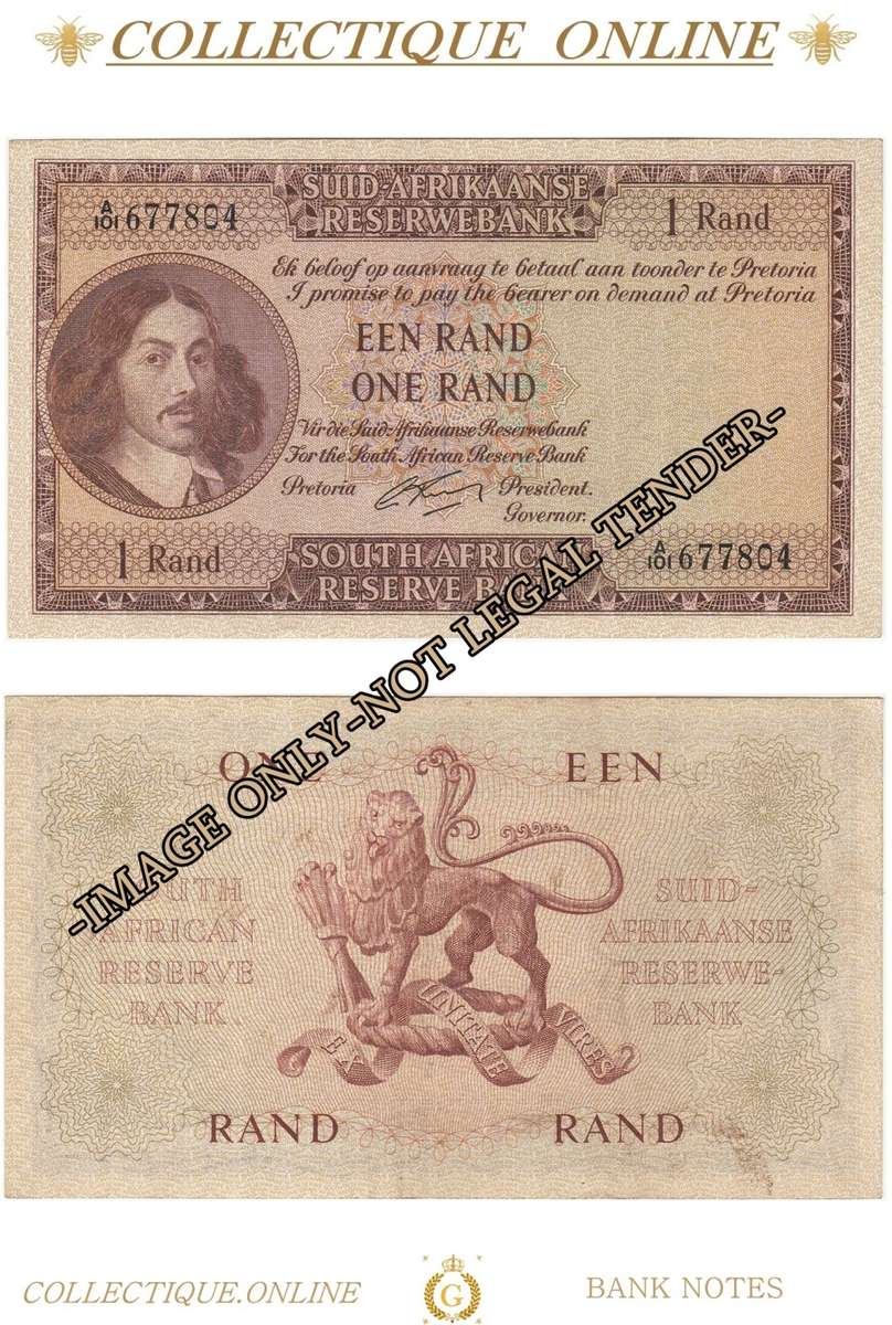 S. A. Bank Note : ONE RAND/EEN RAND :  G. RISSIK : DATE 1962 : FIRST ISSUE.
