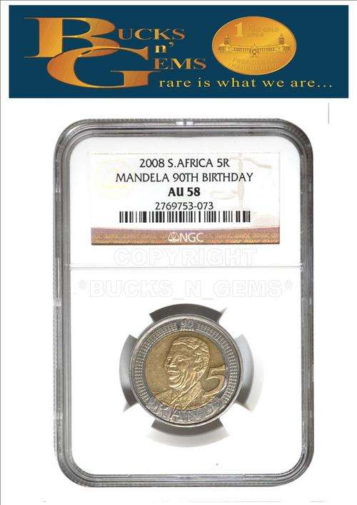 3 available**AU58** --2008 GRADED MANDELA 90TH BIRTHDAY AU58 R5 COIN -NGC