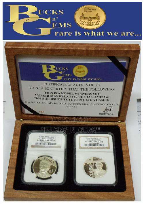 **NOBEL TWIN SET**-2007 S1R MANDELA PF69 UC + 2006 S1R TUTU PF69--SILVER R1 SET IN BOX+CERTIFICATE