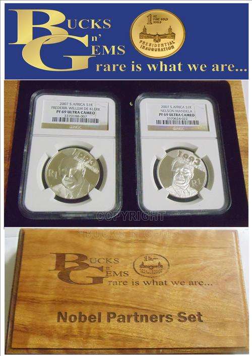 **NOBEL PARTNERS SILVER R1 SET**2007 S1R MANDELA PF69 UC + 2007 S1R DE KLERK PF69 R1 SET IN BOX+COA