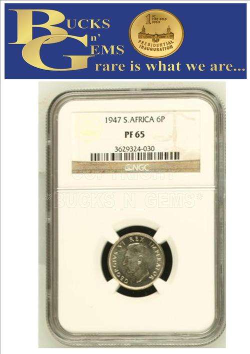 1947 UNION 6 PENCE ** PF65 **  -- NGC 2ND HIGHEST GRADED