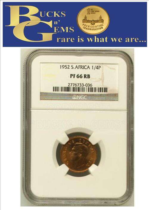 FARTHING ** PF66 RB ** 1952 UNION 1/4 PENNY ** PF66 RED BROWN **- NGC 3RD HIGHEST GRADE PROOF