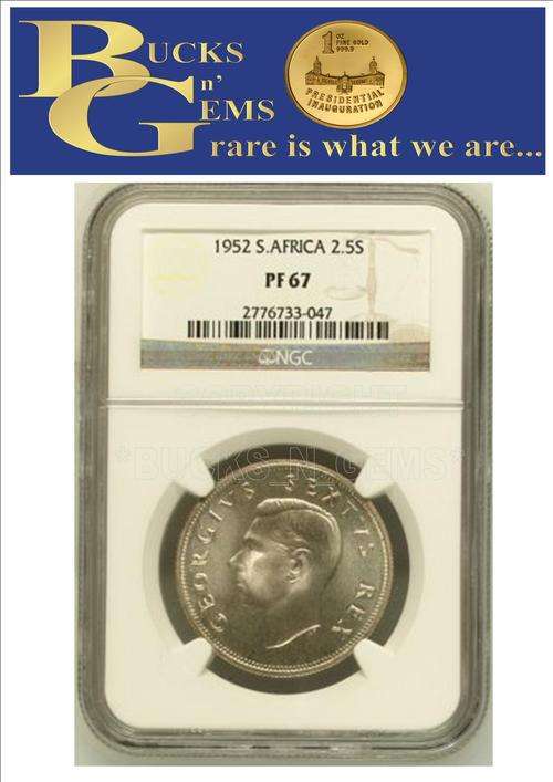 FINEST KNOWN ** PF67 ** 1952 UNION 2 1/2 SHILLING ** PF67 **- NGC HIGHEST GRADE PROOF