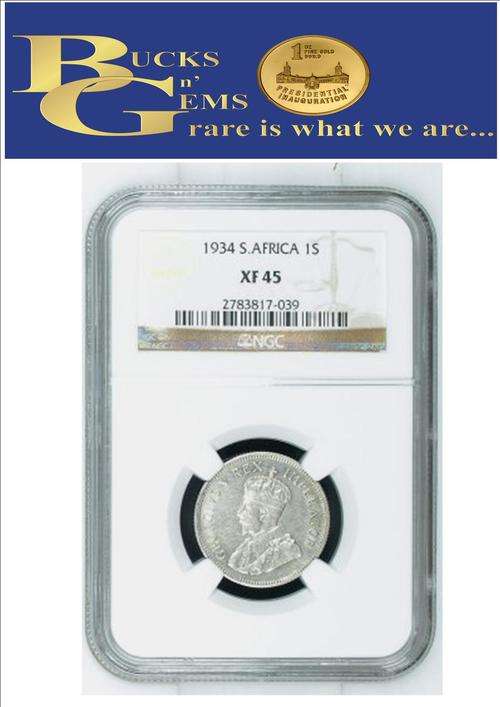 X-RARE SHILLING 1934 UNION 1 SHILLING ** XF45 ** - NGC GRADED - ONLY 39 GRADED - 22 ARE MS - R3500