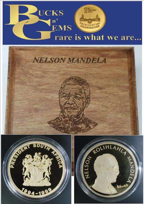 ORIGINAL MANDELA SIGNED 24 KT GOLD PLATED MEDAL **SA COAT OF ARMS**+ PRINTED BOX