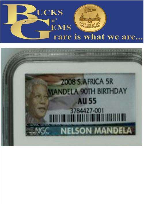 LIMITED EDITION **AU55** --2008 GRADED MANDELA 90TH BIRTHDAY AU55 R5 COIN - NGC GRADED 5 AVAILABLE