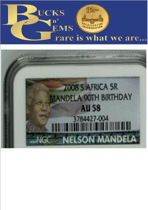 LIMITED EDITION**AU58** --2008 GRADED MANDELA 90TH BIRTHDAY AU58 R5 COIN -NGC