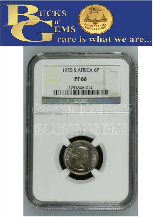 FINEST KNOWN 1955 UNION 6 PENCE ** PF66 ** - NGC GRADED - HIGH HERNS VALUE