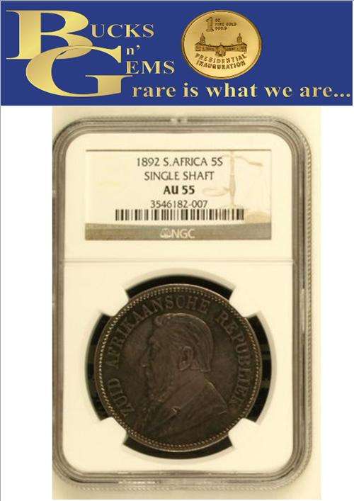 RELIST ** AU55 * 1892 ZAR 5 SHILLING SINGLE SHAFT **AU55 *CROWN*-NGC GRADED -HERNS VALUE R60000.00