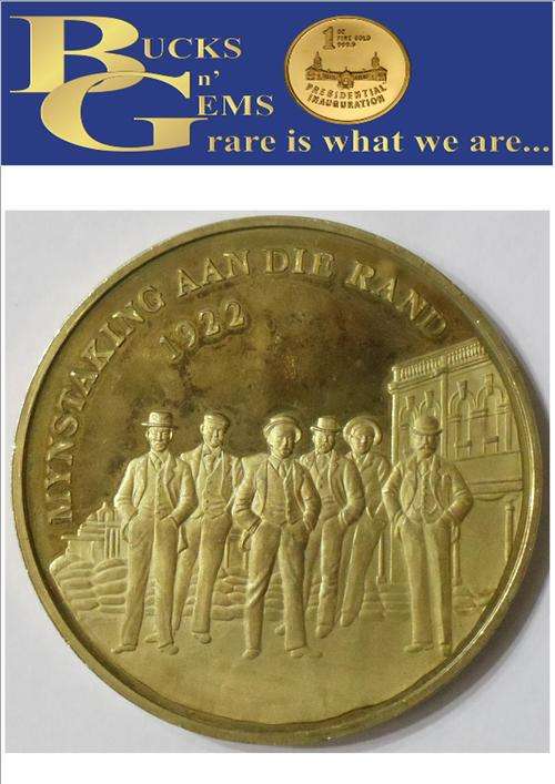 RARE 925 SILVER - GOLD PLATED GESKIEDENIS IN BEELD AFRIKANES MEDALLIONS * MYNSTAKING * 54/60 -37gr