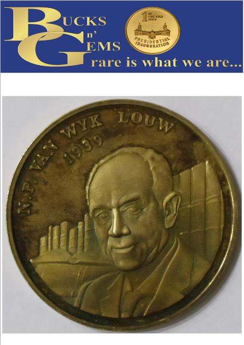 RARE 925 SILVER - GOLD PLATED GESKIEDENIS IN BEELD AFRIKANES MEDALLIONS * NP VAN DYK * 56/60 -37gr