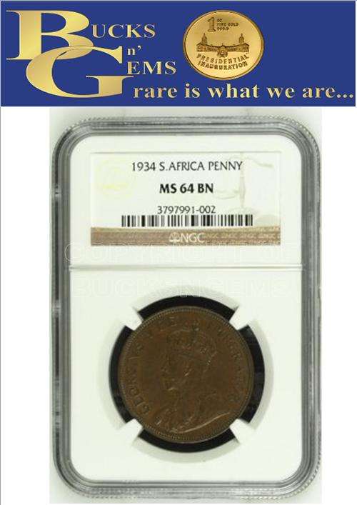 2ND FINEST KNOWN - 1934 UNION 1 PENNY  - MS64BN - NGC GRADED - 1932 SECOND FINEST SOLD FOR R50 000