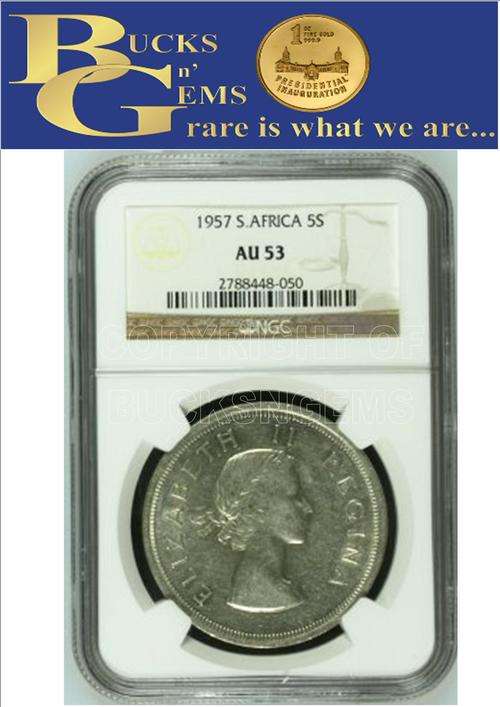 1957 UNION 5 SHILLING ** AU53 ** - NGC GRADED - HIGH HERNS VALUE
