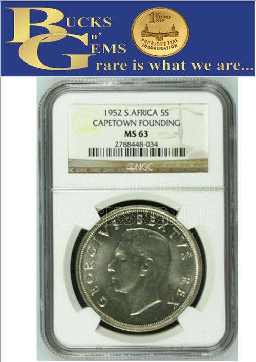 3RD FINEST 1952 UNION 5 SHILLING ** MS63 ** - NGC GRADED - HIGH HERNS VALUE