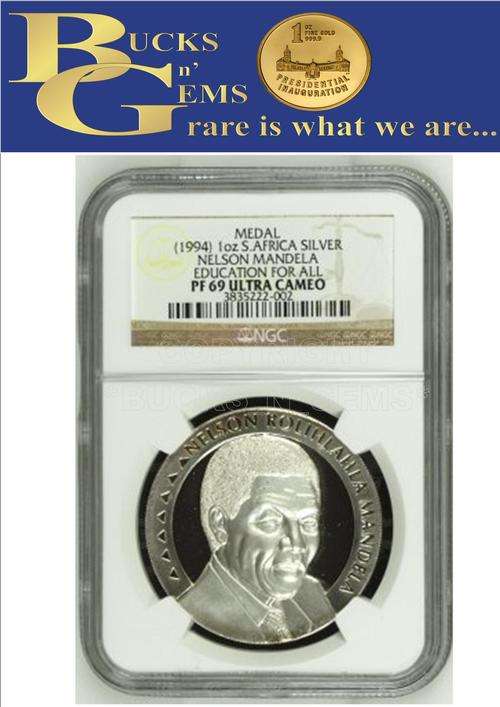 FINEST KNOWN - 1994 MANDELA EDUCATION FOR ALL SILVER 1 OUNCE PF69UC GRADED BY NGC - VERY FEW MINTED