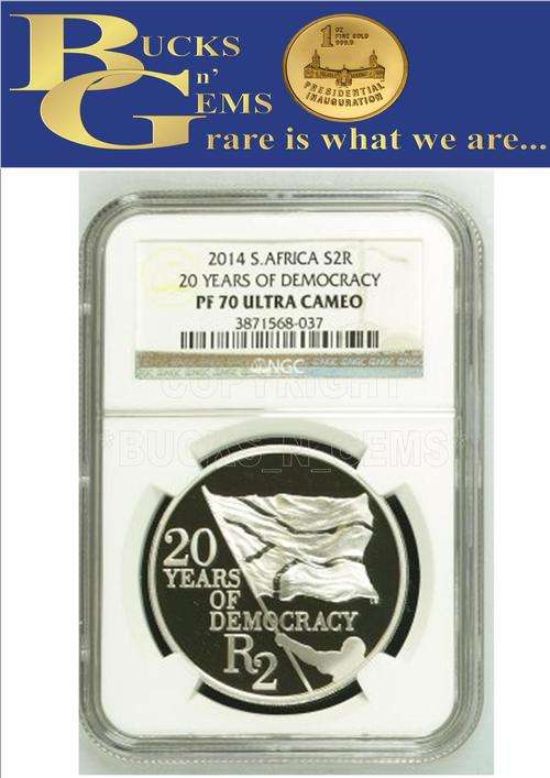 FINEST KNOWN - 2014 S2R SILVER COIN - 20 YEARS OF DEMOCRACY - PF70UC - NGC GRADED RARE LIMITED