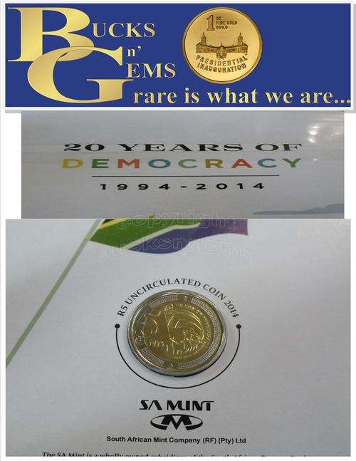 1ST ON BOB - 2014 COMBINATION R5 & R2 COIN SET - 20 YEARS OF DEMOCRACY & 100 YEARS UNION BUILDING