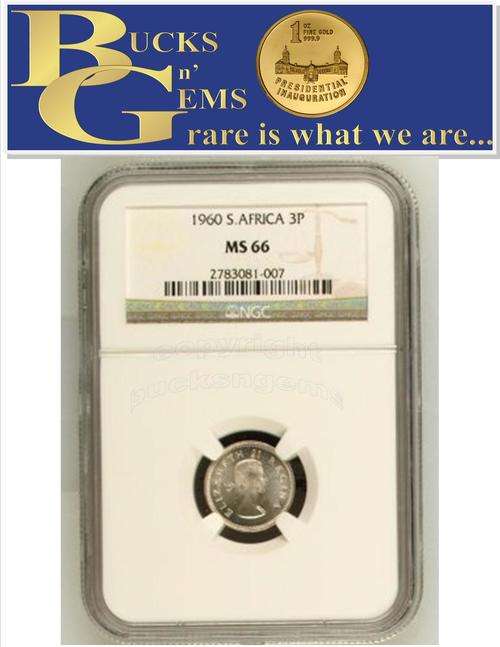 FINEST KNOWN - 1960 UNION 3 PENCE ** MS66 ** - UNC - NGC GRADED