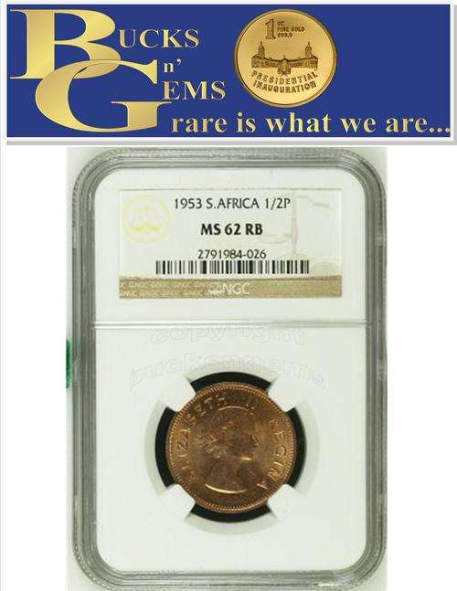 1953 UNION 1/2 PENNY ** MS62RB **  - NGC GRADED