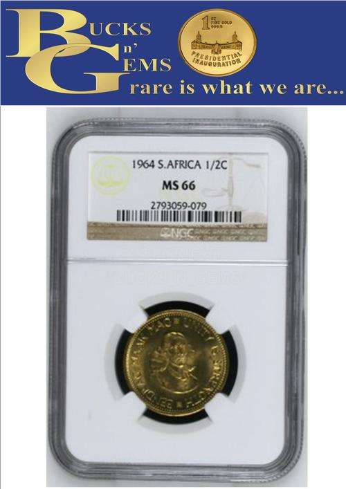 2ND FINEST - 1964 REPUBLIC OF SA - 1/2 CENT  - MS66 - NGC GRADED