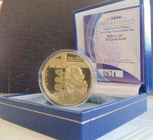 1 week special - 2006 GOLD 1oz PROOF "PROTEA" BISHOP TUTU" RARE - SAMINT BOX & CERTIFICATES