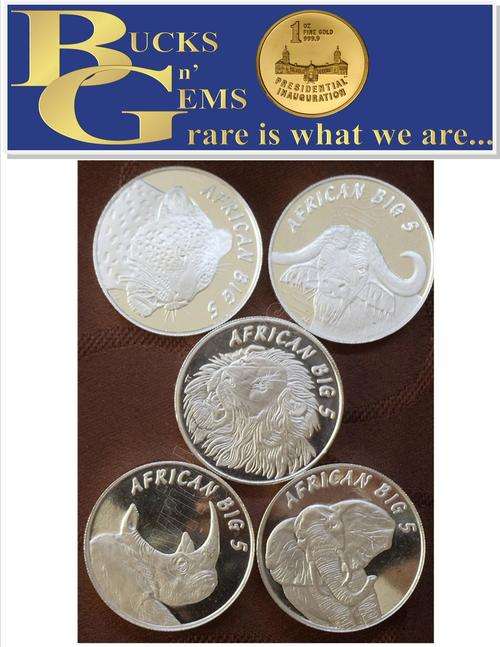 1/2oz PURE 999.9 SILVER * BIG 5 * MINTED ROUNDS - 5 ANIMALS ON REVERSE - 1 ON OBVERSE (5 MAKE A SET)