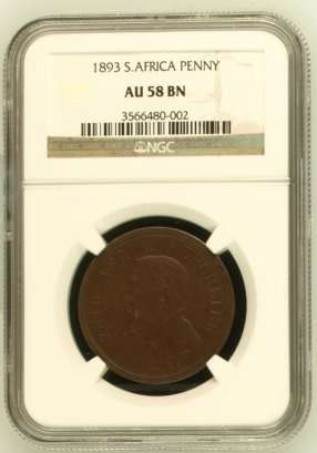 1893 ZAR 1 PENNY - AU58 - NGC GRADE - HERNS VALUE - R20 000 IN UNC & R15 000 IN XF