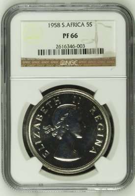 2ND FINEST - 1958 UNION 5 SHILLING ** PF66 ** - NGC GRADED - HIGH HERNS VALUE -ONLY 985 MINTED