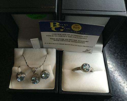 RARE BLUE TOPAZ + DIAMOND - EARING & PENDANT + RING SET WITH CHAIN - 925 SILVER - 2.5 CTS TOTAL