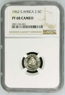 Finest Known - 1 & only - 1962 RSA 2.5 cent - PF68 cameo - NGC graded coin